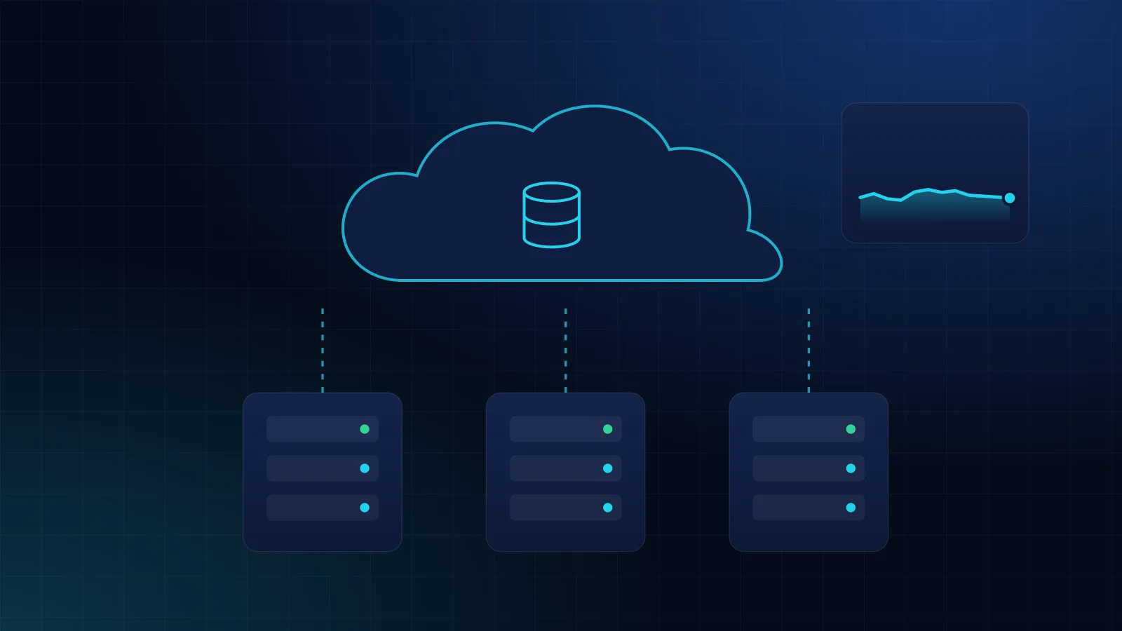 ERP dashboard-style illustration contrasting a cloud-hosted ERP and an on-premise server rack, linked by a hybrid connector, with backup, security and cost-structure panels