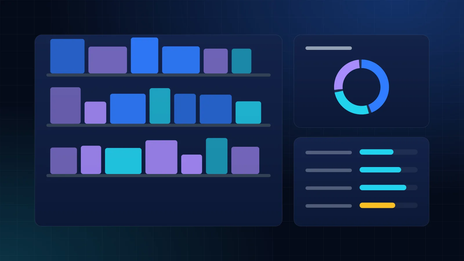 ERP inventory dashboard illustration showing stock levels across three warehouse locations, reorder alerts, ABC classification and a stock ageing chart