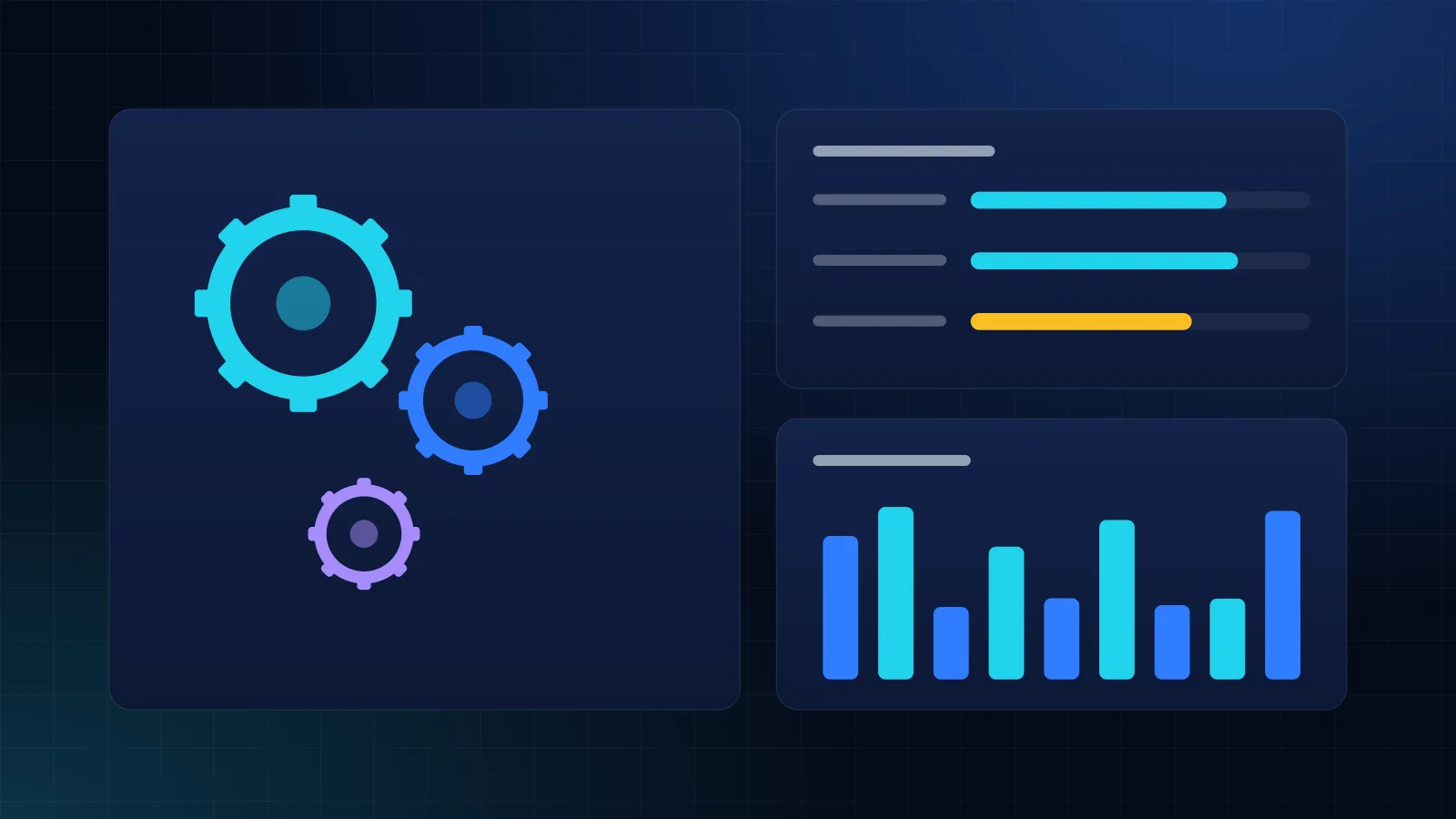Manufacturing ERP dashboard illustration showing a multi-level bill of materials tree, open work orders by stage, WIP value and a production yield chart
