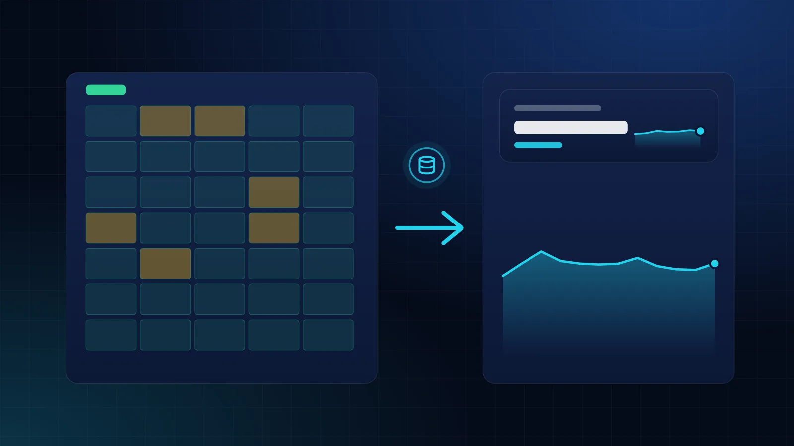 Illustration of spreadsheet and legacy database icons flowing through a cleansing and mapping pipeline into an ERP dashboard showing reconciled trial balance and stock totals